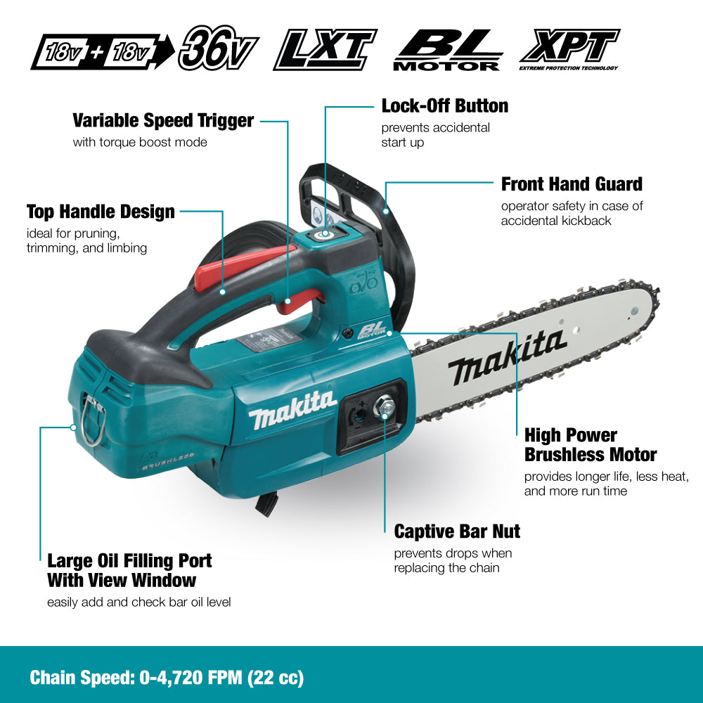MAKITA DUC254Z 18V LXT Brushless 10" Top Handle Chainsaw, Tool Only