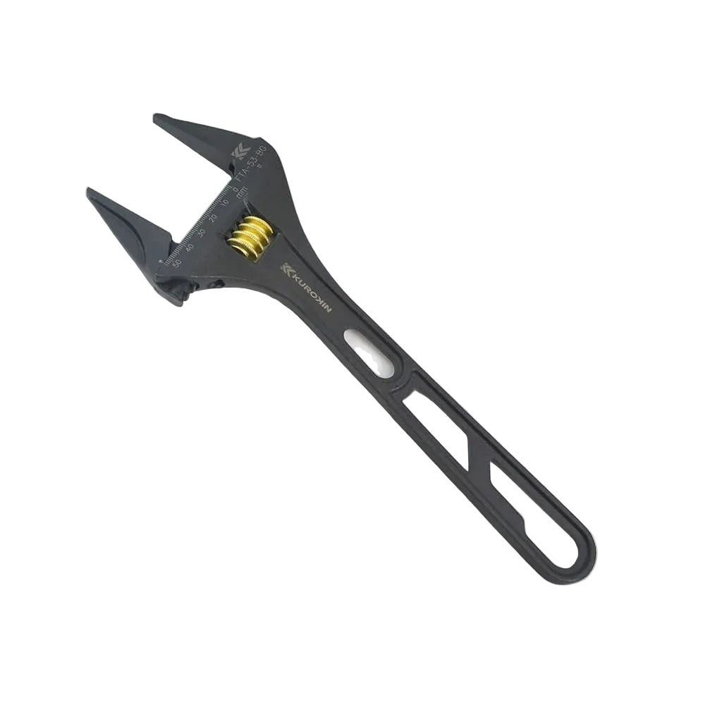 Black adjustable wrench on a light gray background