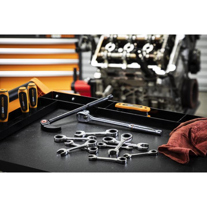 GEARWRENCH 86850 10 Piece 90-Tooth 12 Point Metric Stubby Ratcheting Combination Wrench Set