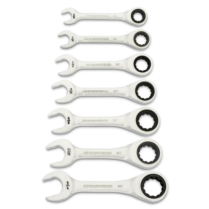 GEARWRENCH 86858 7 Piece 90-Tooth 12 Point SAE Stubby Ratcheting Combination Wrench Set