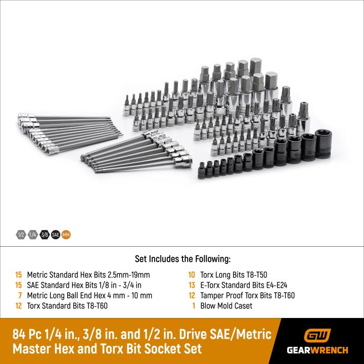 GEARWRENCH 80742 84 Piece 1/4", 3/8" & 1/2" Drive Hex/Ball End Hex/Tamper Proof Torx®/External Torx®/Torx® SAE/Metric Bit Set