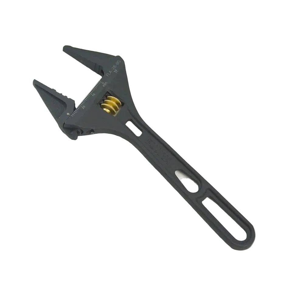 Black adjustable wrench on a light gray background