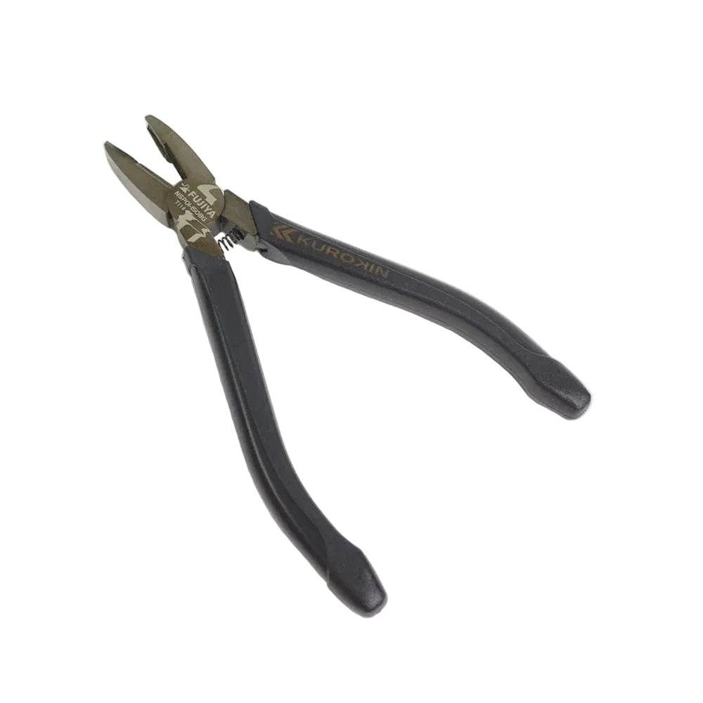 Pair of pliers with black handles on a light gray background