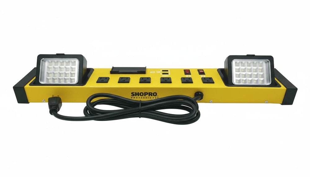 SHOPRO P010718 6- Outlet PowerStation and Dual LED Worklight with 2 USBs