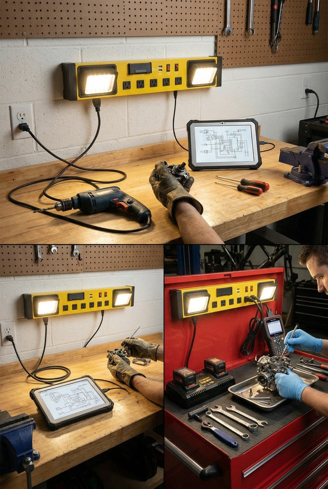 SHOPRO P010718 6- Outlet PowerStation and Dual LED Worklight with 2 USBs