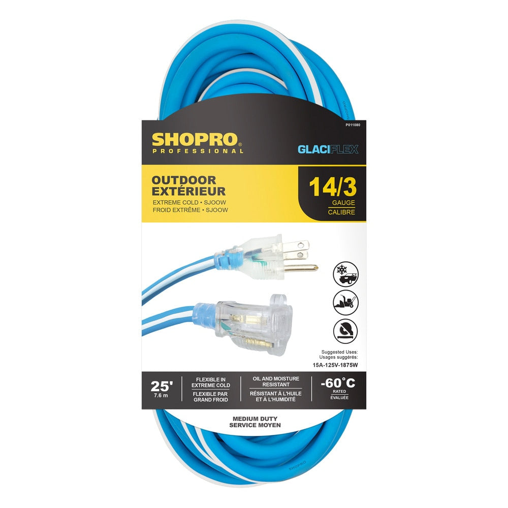 SHOPRO P011080 14/3 SJOOW 25' Extreme Cold Flex Extension Cord Light Indicators - Blue/White