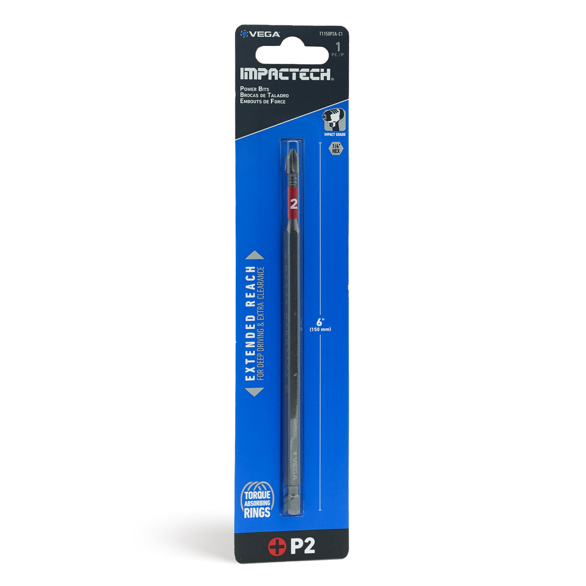 Impactech Phillips #2 Power Bit x 6" - Carded 1pc