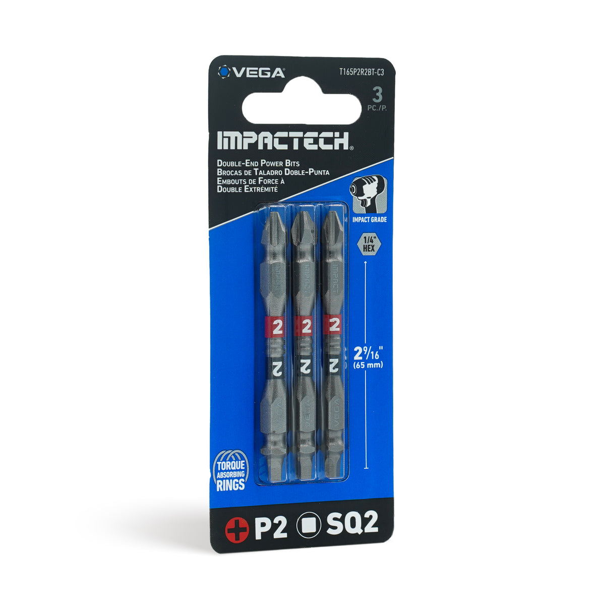 Impactech P2 + SQ2 Double End Power Bit x 2-9/16" - Carded 3pc