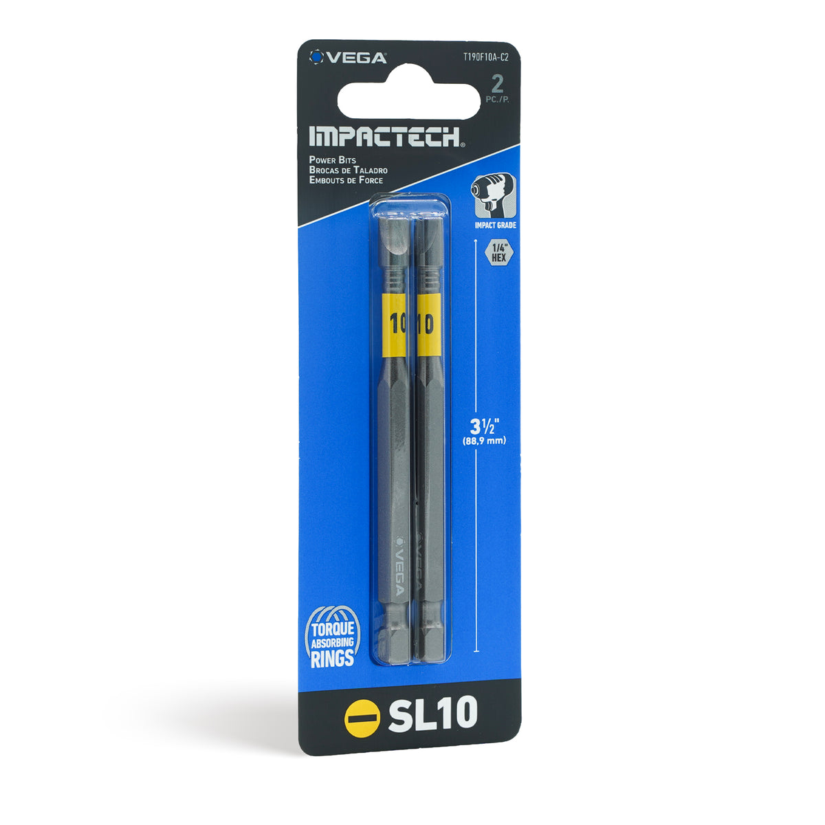 Impactech Slotted #10 Power Bit x 3-1/2" - Carded 2pc