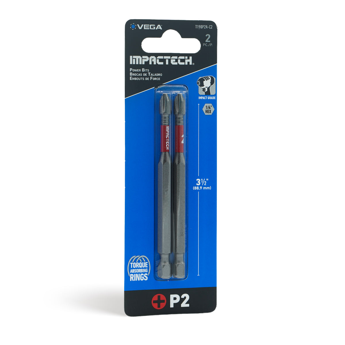 Impactech Phillips #2 Power Bit x 3-1/2" - Carded 2pc