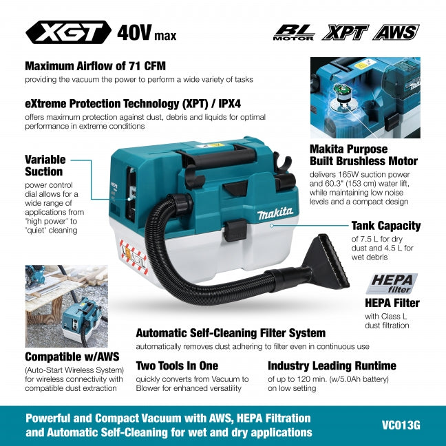 Makita VC013GLZ01 40Vmax XGT Brushless 7.5 L Wet/Dry Vacuum Cleaner