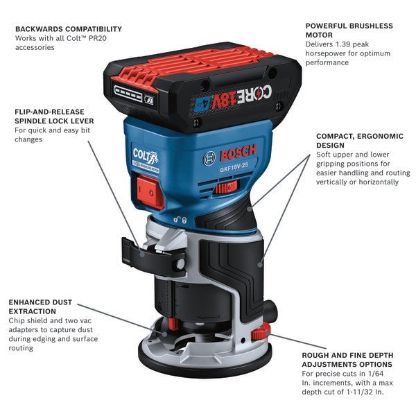Bosch GKF18V - 25PL14 18V Brushless Colt™ Palm Router Kit with (1) CORE18V® 4 Ah Advanced Power Battery and Plunge Base - Mississauga Hardware Centre Inc