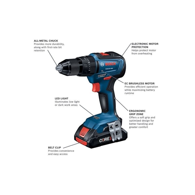 Bosch GSB18V - 490B12 18V EC Brushless 1/2 In. Hammer Drill/Driver Kit with (1) 2 Ah Standard Power Battery - Mississauga Hardware Centre Inc