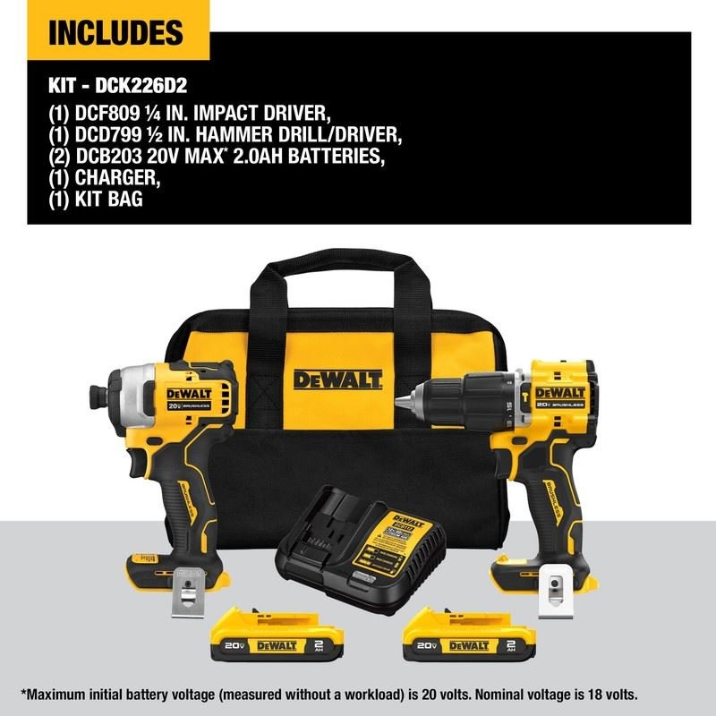 DEWALT DCK226D2 20V MAX ATOMIC Lithium - Ion Compact 1/2 - inch Hammer Drill and Impact - Mississauga Hardware Centre Inc