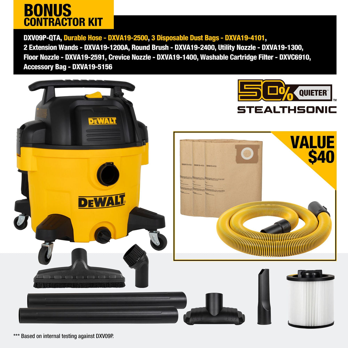 DEWALT DXV09PQTA 9 Gallon 5.0 PHP STEALTHSONIC QUIET VACUUM - Mississauga Hardware Centre Inc