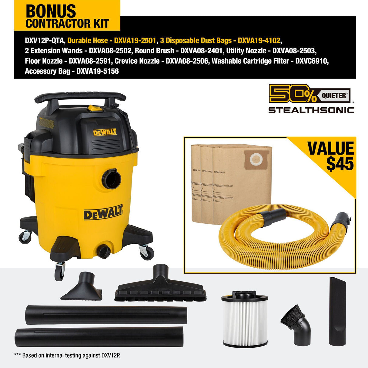 DEWALT DXV12PQTA 12 Gallon 5.5 PHP STEALTHSONIC QUIET VACUUM - Mississauga Hardware Centre Inc