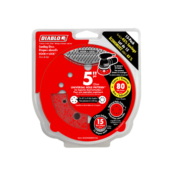 DIABLO DCD050080H15G 5" 80 - Grit Hook & Lock™ ROS Sanding Discs (15 - pk) - Mississauga Hardware Centre Inc