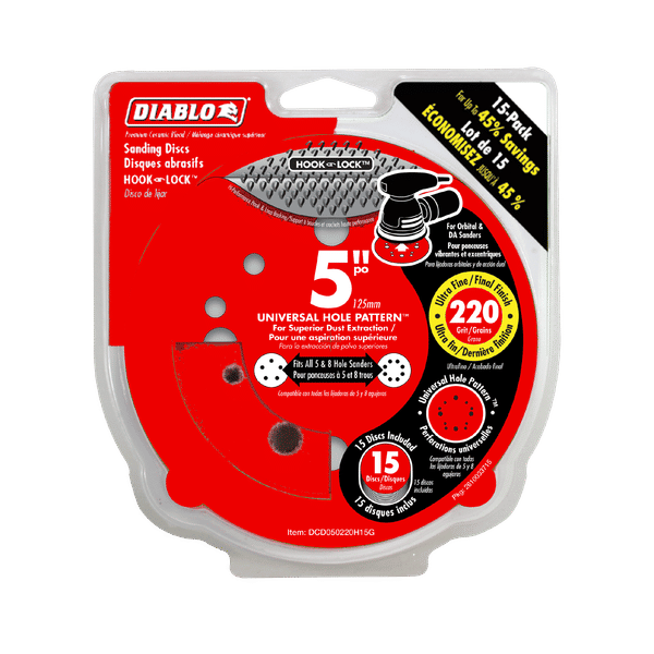 DIABLO DCD050220H15G 5" 220 - Grit Hook & Lock™ ROS Sanding Discs (15 - pk) - Mississauga Hardware Centre Inc