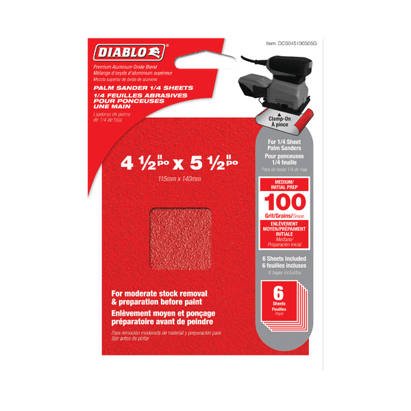 DIABLO DCS045100S06G 4 - 1/2" x 5 - 1/2" 100 - Grit Palm Sander 1/4 Sanding Sheets (6 - Pack) - Mississauga Hardware Centre Inc