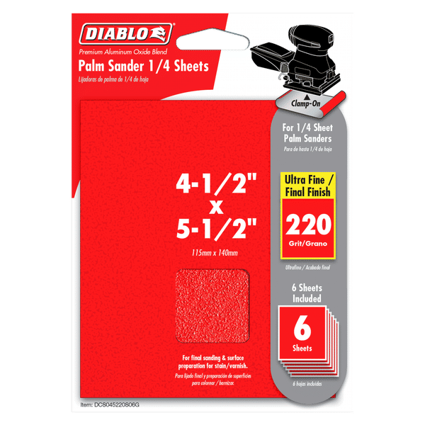 DIABLO DCS045220S06G 4 - 1/2" x 5 - 1/2" 220 - Grit Palm Sander 1/4 Sanding Sheets (6 - pk) - Mississauga Hardware Centre Inc