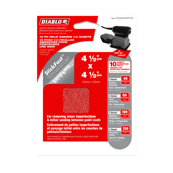 DIABLO DCS045VGPP10G 4 - 1/2" x 4 - 1/2" Assorted Palm Sander 1/4 Sheets (10 - pk) - Mississauga Hardware Centre Inc