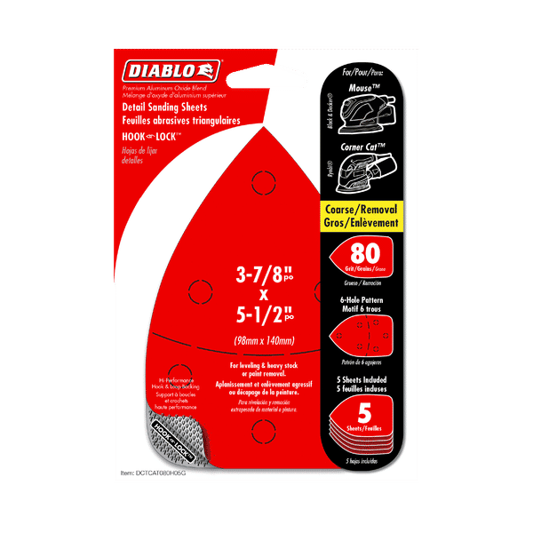 DIABLO DCTCAT080H05G 3 - 7/8" x 5 - 1/2" 80 - Grit CAT/Mouse Hook & Lock™ Detail Sanding Sheets (5 - pk) - Mississauga Hardware Centre Inc