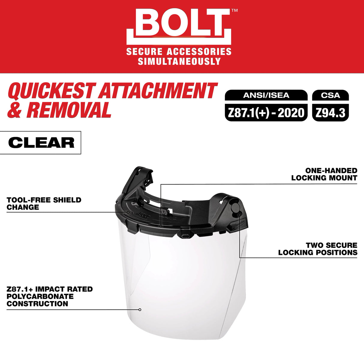 Milwaukee 48-73-1460 BOLT™ Task Full Face Shield - Clear Uncoated Lens (Compatible with Milwaukee® BOLT™ Safety Helmets & BOLT™ Hard Hats)
