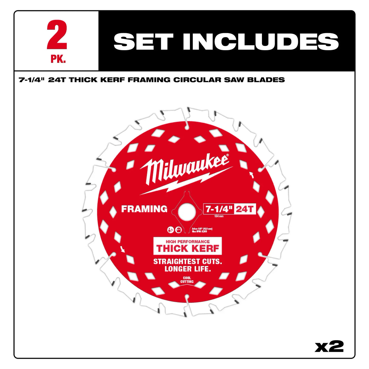 Milwaukee 48-40-0742 7-1/4" 24T Thick Kerf Framing Circular Saw Blade - 2PK