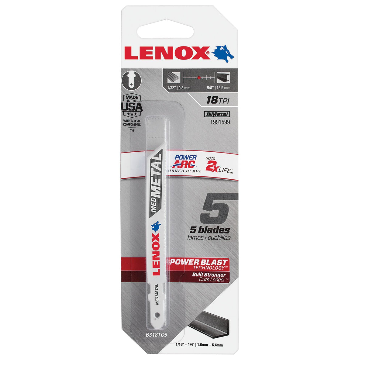 LENOX 1991599 Power Arc® Curved Metal Cutting Jig Saw Blade 92 x 1 0x 0.9 18TPI 5/PK - Mississauga Hardware Centre Inc