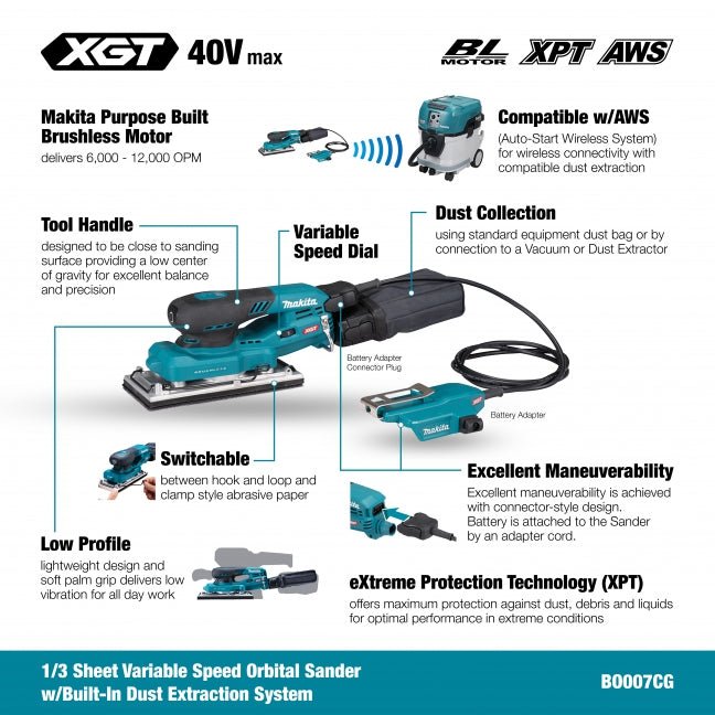 Makita BO007CGZ 40Vmax XGT Brushless 1/3 Sheet Orbital Sander w/AWS - Mississauga Hardware Centre Inc