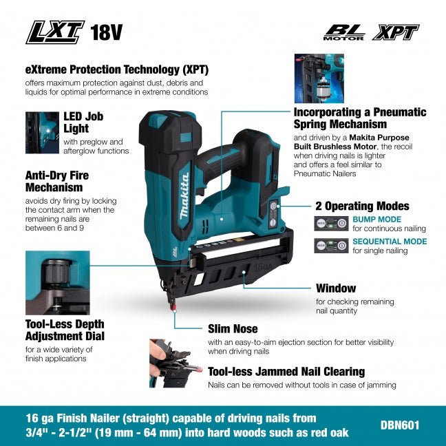 Makita DBN601Z 18V LXT Brushless 2 - 1/2" 16 ga Straight Finish Nailer - Tool Only - Mississauga Hardware Centre Inc