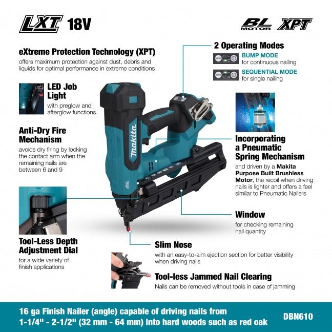 Makita DBN610Z 18V LXT Brushless 2 - 1/2" 16 ga Angled Finish Nailer - Tool Only - Mississauga Hardware Centre Inc
