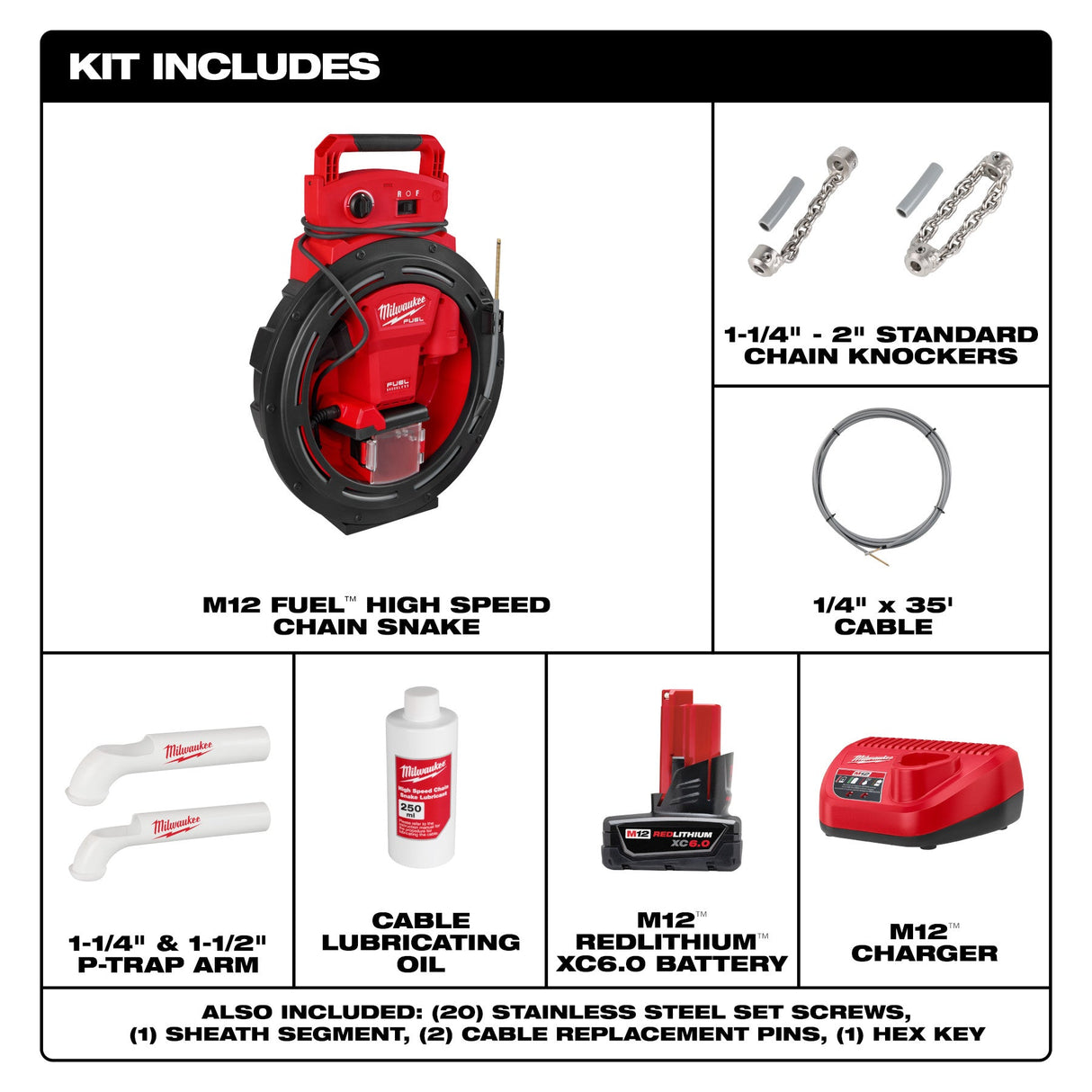 Milwaukee 2519 - 21 M12 FUEL™ High Speed Chain Snake for 1 - 1/4” - 2” Pipes - Mississauga Hardware Centre Inc
