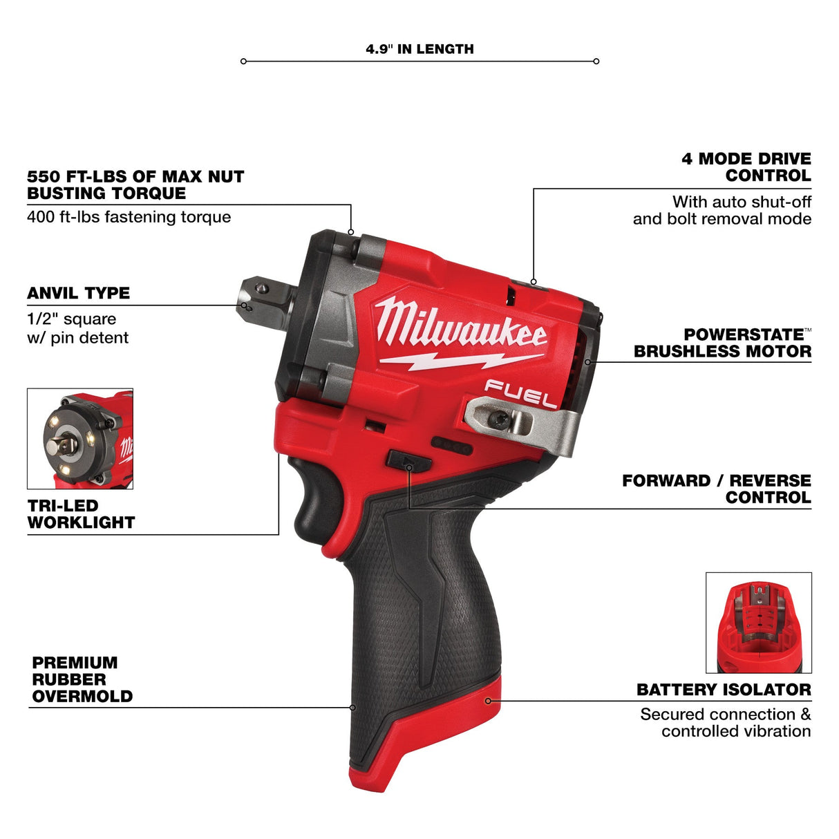 Milwaukee 2563P - 20 M12 FUEL™ Stubby 1/2" Impact Wrench w/ Pin Detent - Mississauga Hardware Centre Inc