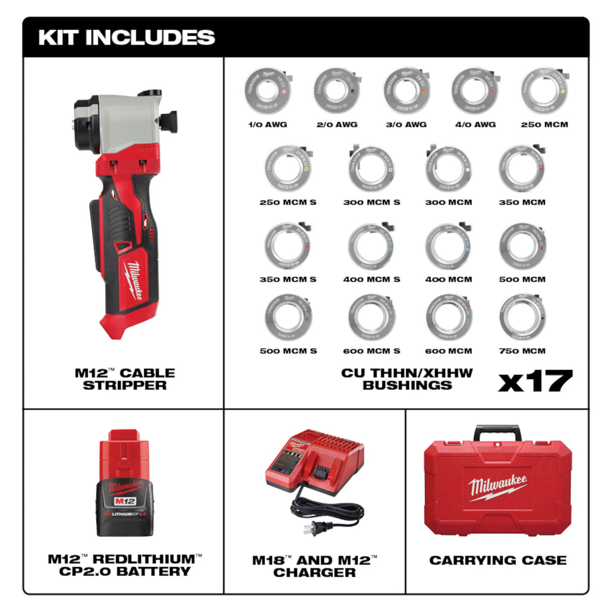 Milwaukee 2935CU - 21S M18™ Cable Stripper Kit with 17 Cu THHN / XHHW Bushings - Mississauga Hardware Centre Inc
