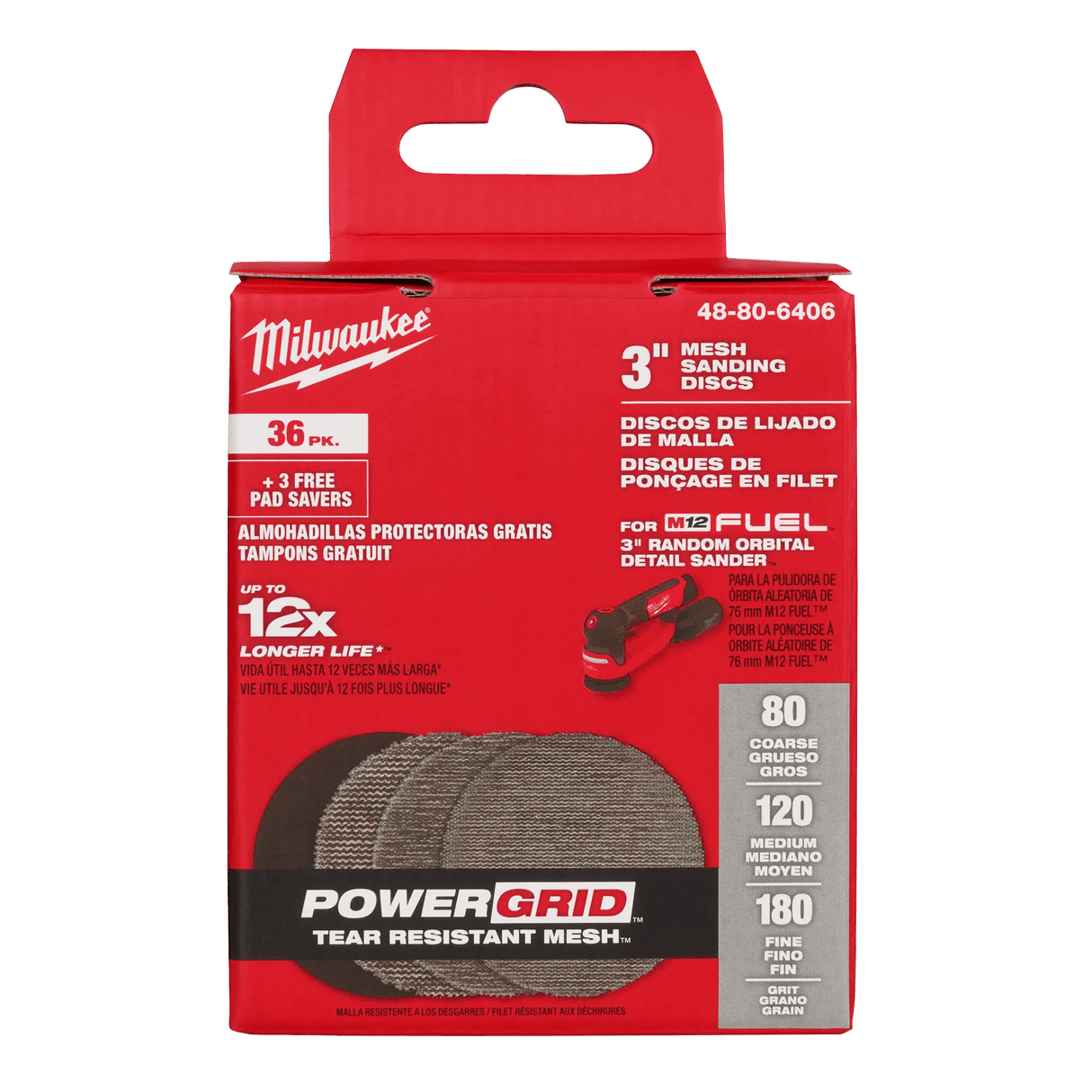 Milwaukee 3” Assorted 80, 120, 180 Grit Mesh Sanding Discs with POWERGRID™ Tear Resistant Mesh – 36 pk + 3 Pad Savers - Mississauga Hardware Centre Inc