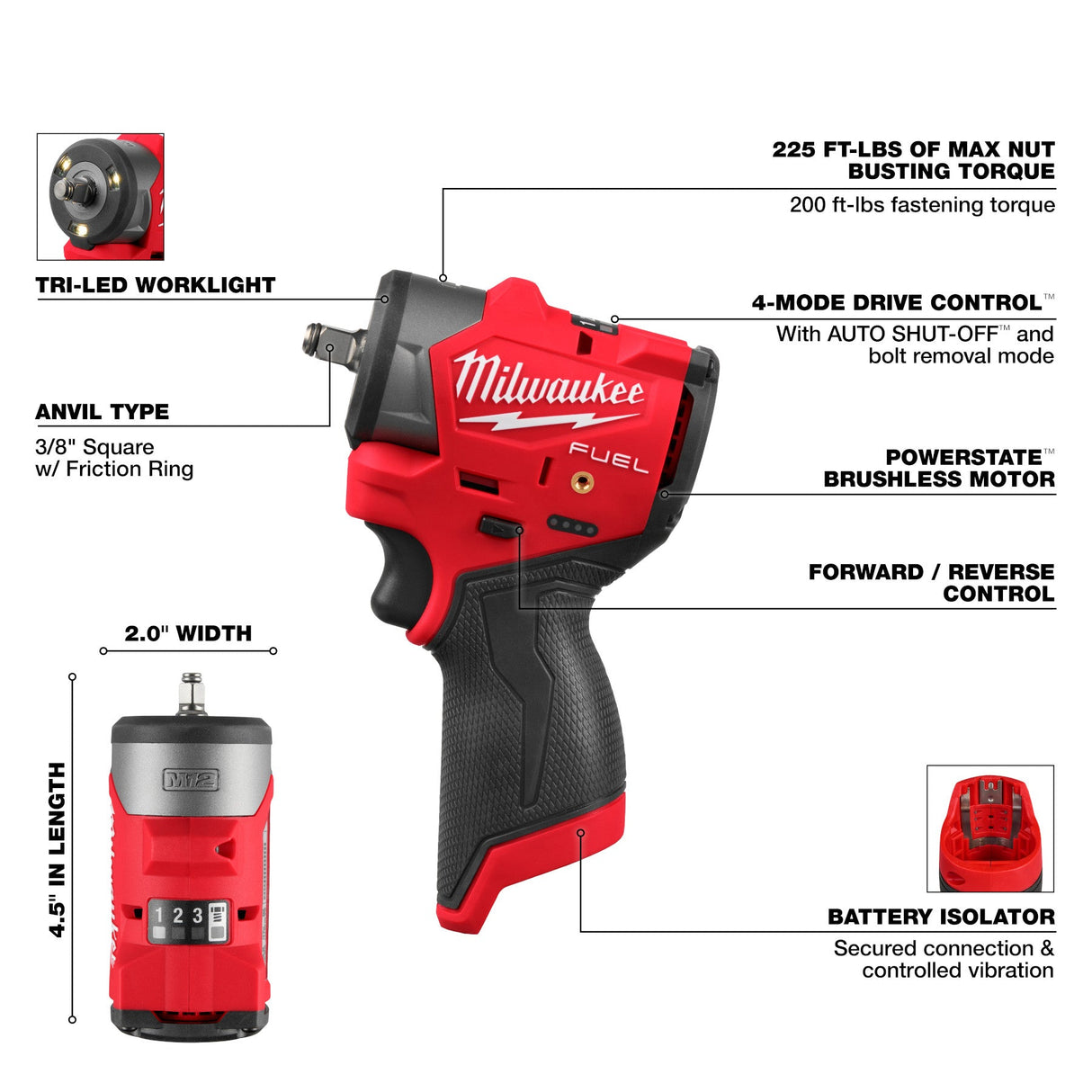 Milwaukee 3049 - 20 M12 FUEL™ 3/8" Subcompact Impact Wrench w/ Friction Ring (Tool Only) - Mississauga Hardware Centre Inc