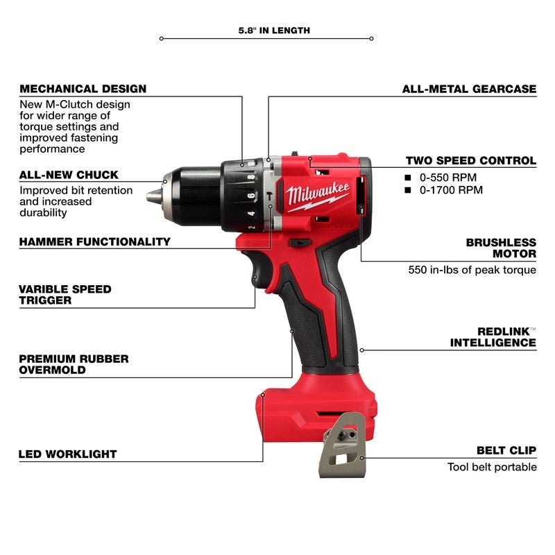 Milwaukee 3602 - 20 M18 Compact Brushless 1/2in Hammer Drill/Driver - Mississauga Hardware Centre Inc