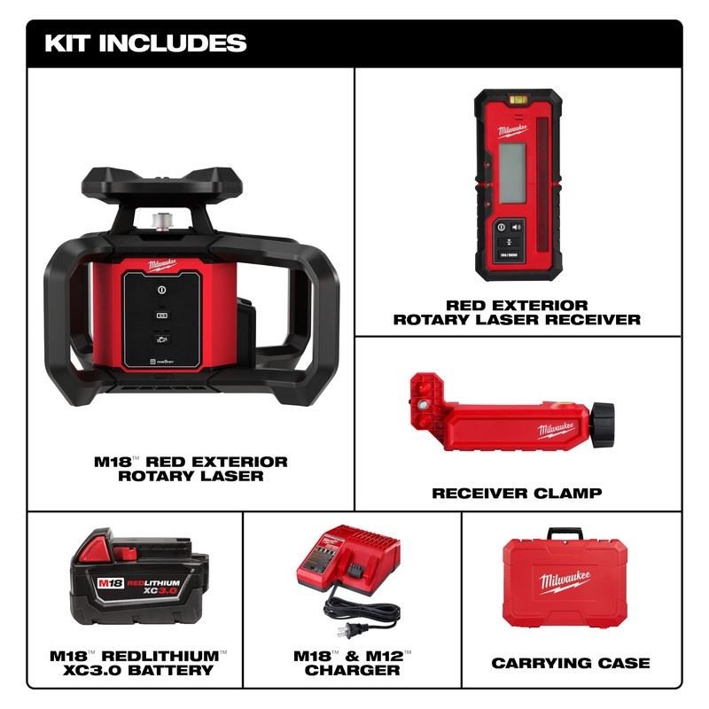Milwaukee 3701 - 21 M18 Red Exterior Rotary Laser Level Kit w/ Receiver - Mississauga Hardware Centre Inc