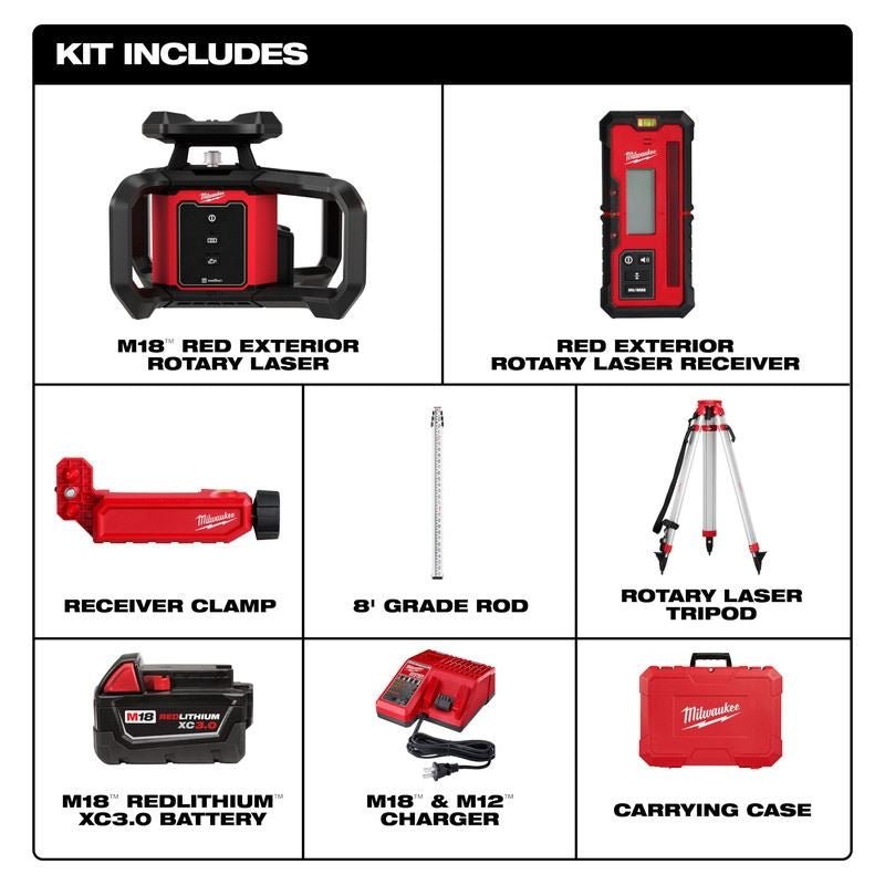 Milwaukee 3701 - 21T M18 Red Exterior Rotary Laser Level Kit w/ Receiver, Tripod, and Grade Rod - Mississauga Hardware Centre Inc
