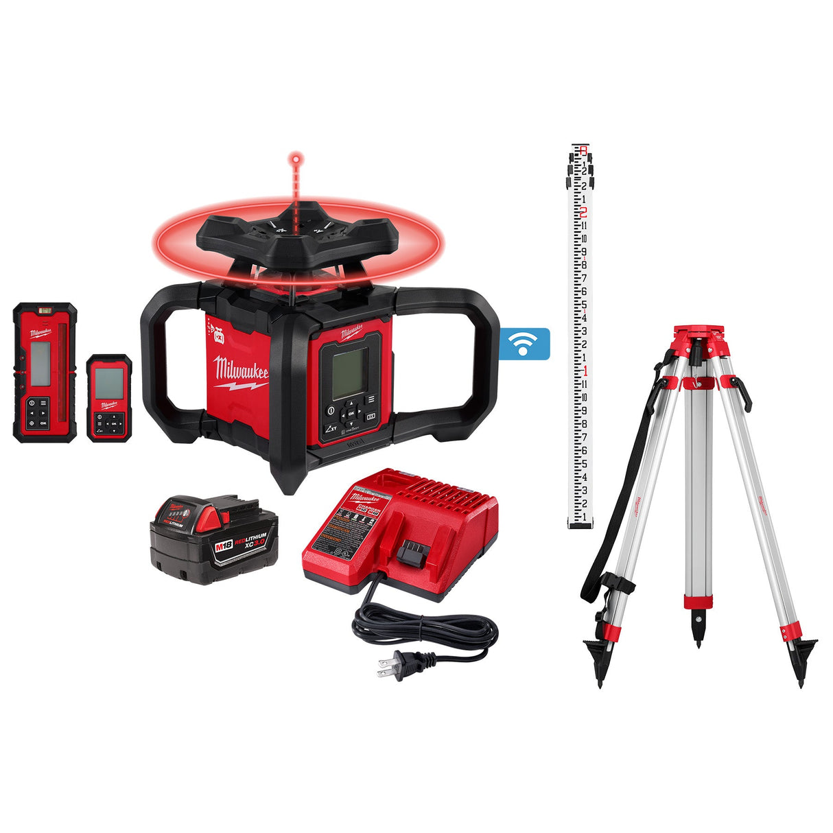 Milwaukee 3704 - 21T M18™ Red Exterior Dual Slope Rotary Laser Level Kit w/ Receiver, Remote, Grade Rod & Tripod - Mississauga Hardware Centre Inc