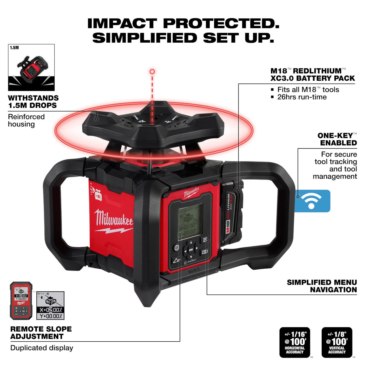 Milwaukee 3704 - 21T M18™ Red Exterior Dual Slope Rotary Laser Level Kit w/ Receiver, Remote, Grade Rod & Tripod - Mississauga Hardware Centre Inc