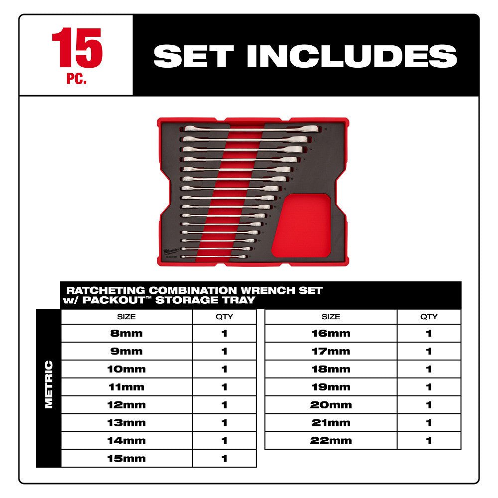Milwaukee 48 - 22 - 0156 15pc. Metric Ratcheting Combination Wrench Set with Tray for PACKOUT™ Drawers - Mississauga Hardware Centre Inc