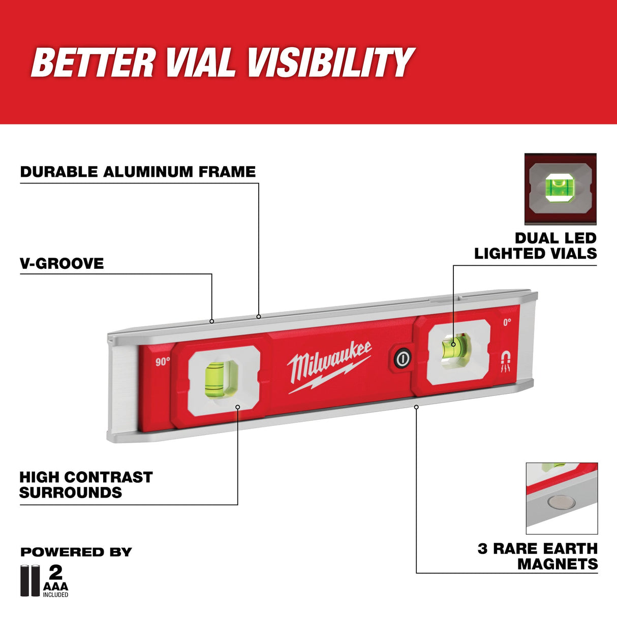 Milwaukee 48 - 22 - 5105 9" Torpedo Level with Lighted Vials - Mississauga Hardware Centre Inc
