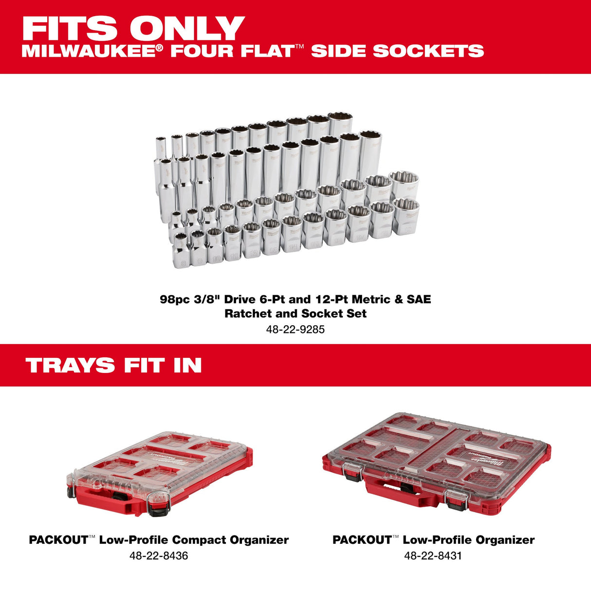 Milwaukee 48 - 22 - 9285 98pc 3/8" Drive 6 - Pt and 12 - Pt Metric & SAE Ratchet & Socket Set with PACKOUT™ Low - Profile Organizer - Mississauga Hardware Centre Inc