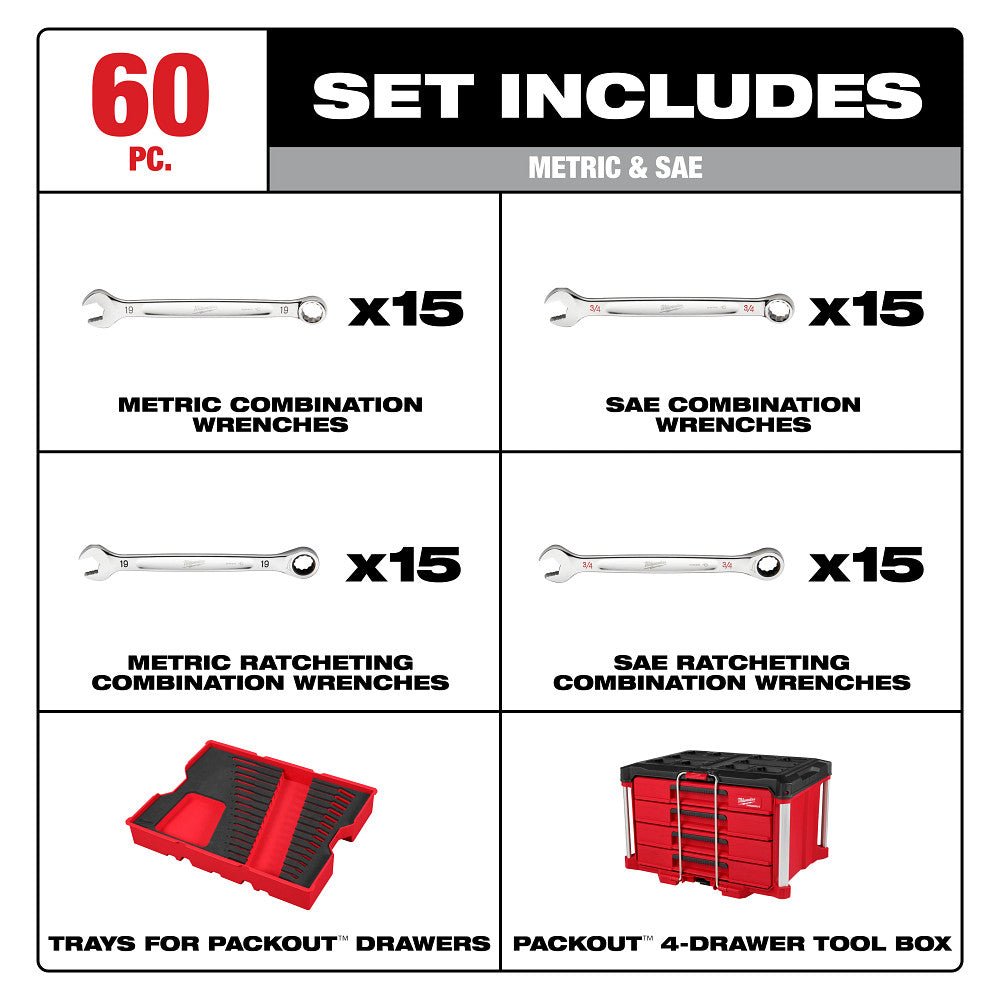 Milwaukee 48 - 22 - 9492 60pc. Metric & SAE Combination Wrench Set with PACKOUT™ 4 Drawer Tool Box