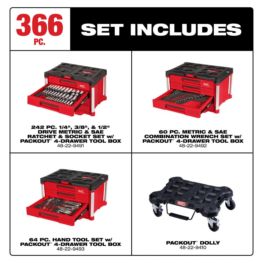 Milwaukee 48 - 22 - 9495 366pc. Master Mechanics Hand Tool Set with PACKOUT™ Drawers and Dolly - Mississauga Hardware Centre Inc