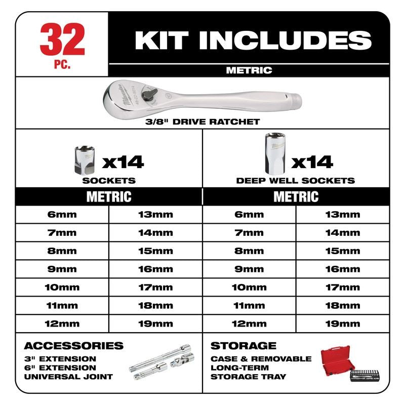 Milwaukee 48 - 22 - 9508 3/8in Drive 32pc Ratchet and Socket Set - Metric - Mississauga Hardware Centre Inc