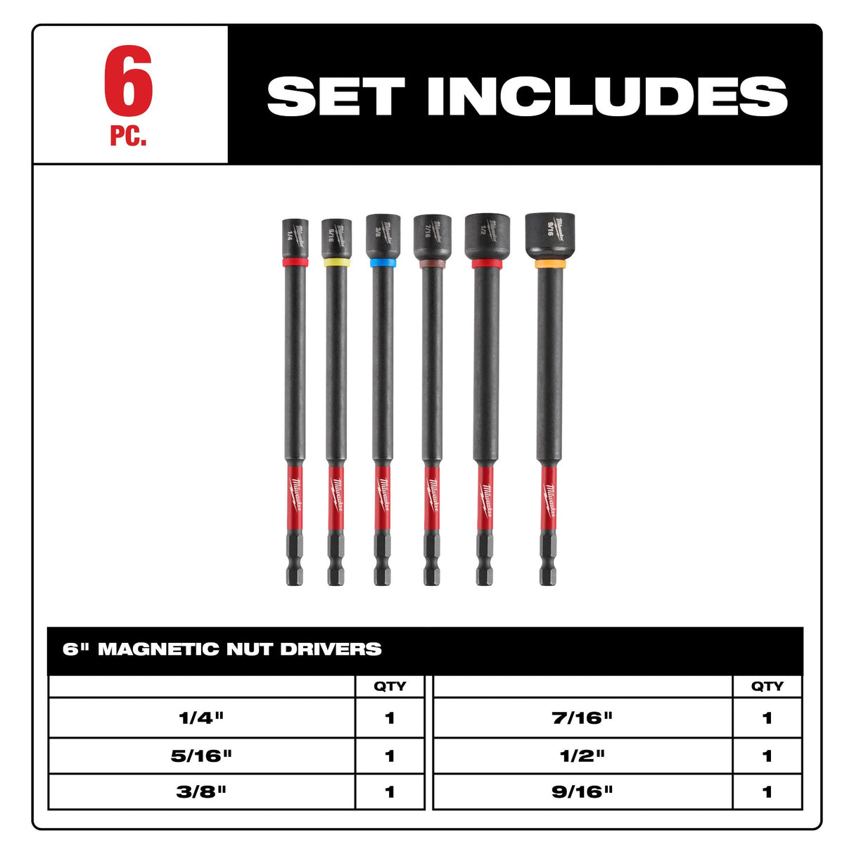 Milwaukee 49 - 66 - 4567 SHOCKWAVE Impact Duty™ 6" Magnetic Nut Driver Set 6PC - Mississauga Hardware Centre Inc