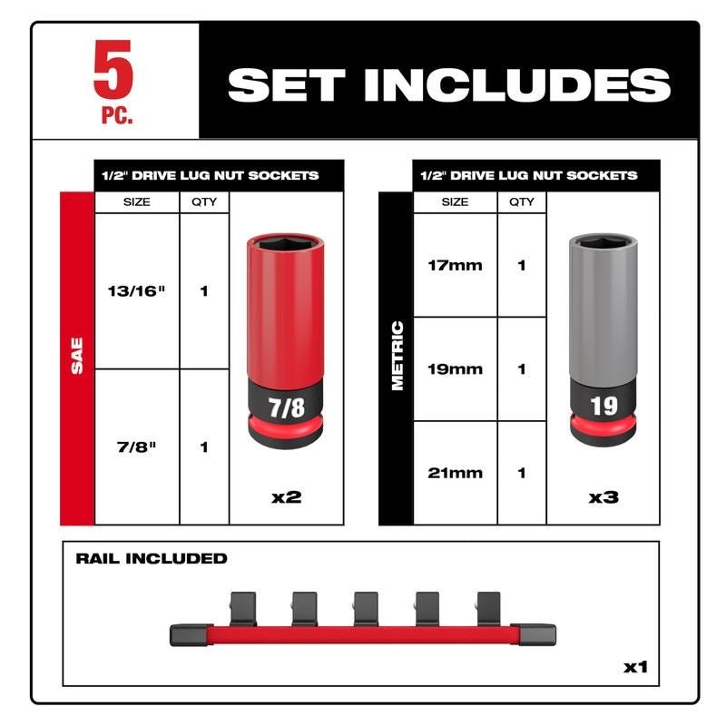 Milwaukee 49 - 66 - 7831 SHOCKWAVE 1/2 Drive SAE and Metric 5PC Lug Nut Wheel Socket Set - Mississauga Hardware Centre Inc